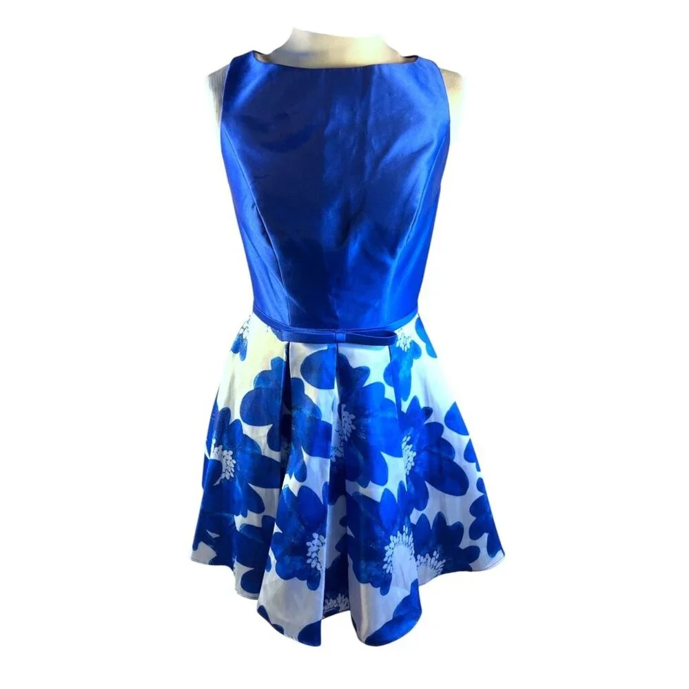 Glamour By Terani Couture Blue Floral Fit & Flare Dress Size 4 With Back Zipper - Picture 1 of 9